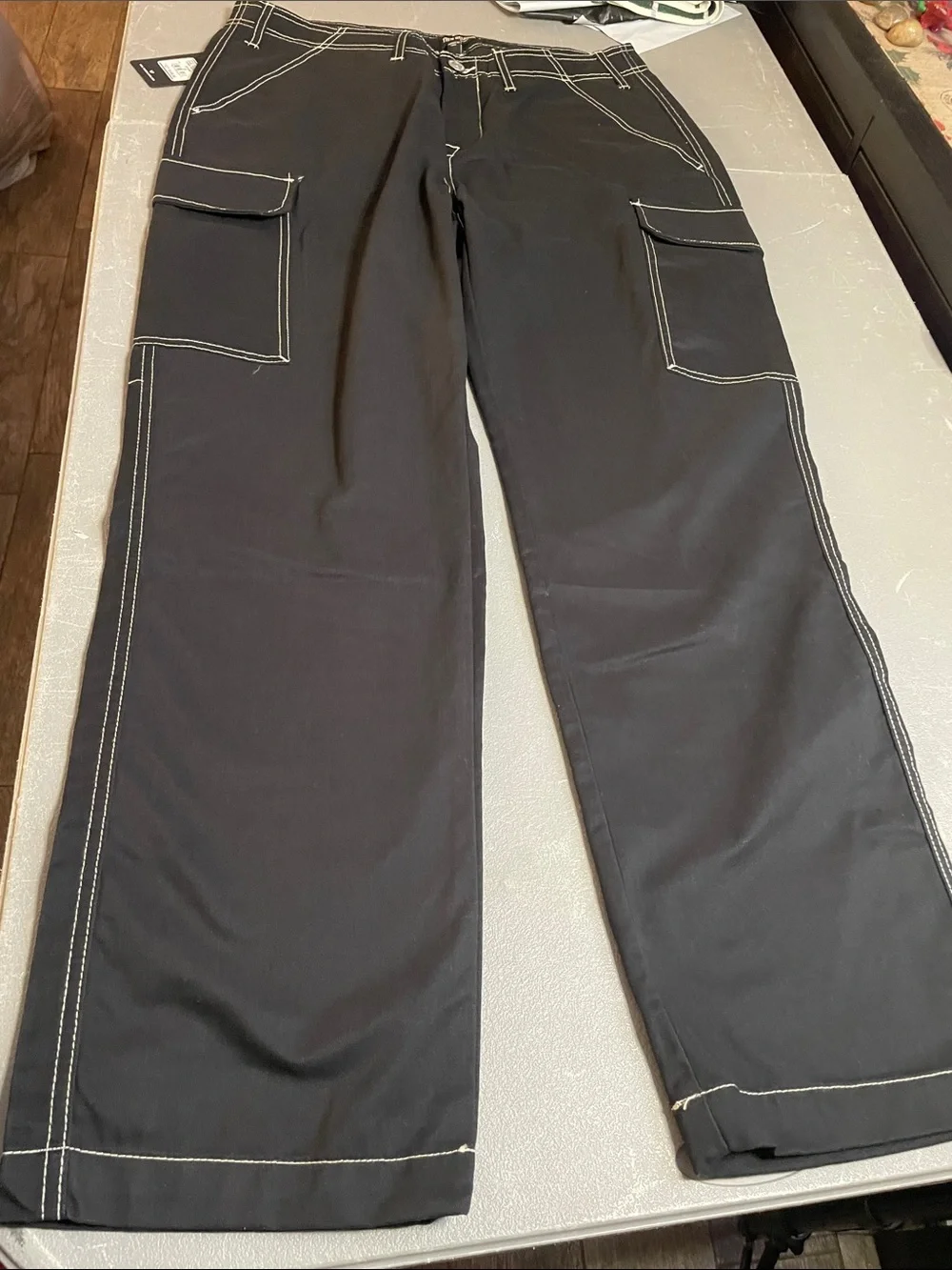 True Religion Black Cargo Pants with White Contrast Stitching